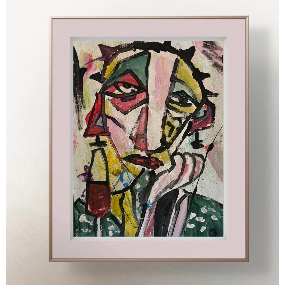 Oman Hosea Original Art 8x12 Neo Expressionist Cubism Face Wine Painting Fine